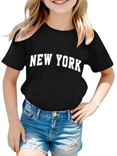 Vuncio Crewneck T Shirts for Kids Girls Age 2-14 Years New York Tshirts Tops for Teenage Girls Short Sleeve Loose Graphic Summer Athletic Casual School Vacation Blouse (11-12 Years, Black)