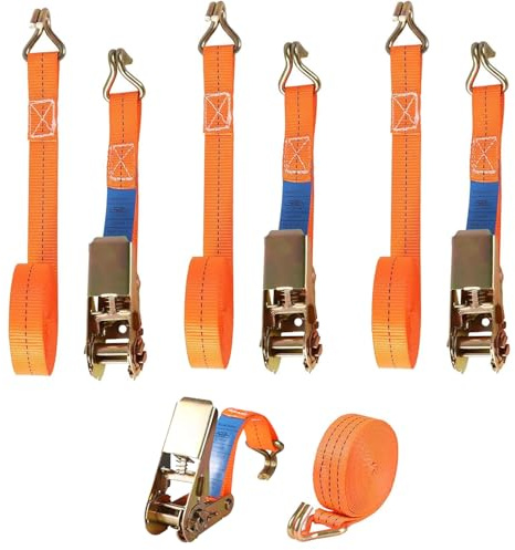 Tianher Correas de Amarre, 4 Piezas Correas de Amarre con Trinquete Cinchas de Sujeción 25mm x 6m Eslingas de Carga Eslinga para Motocicletas, Carga, Camiones, Remolques (Naranja)