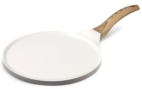 Cuisinox - Mythic - Crépière 25.7 cm avec revêtement en céramique Blanche - Poignée Fixe Soft Touch Effet Bois - sans PFOA et PFAS - Coloris Blanc et Gris