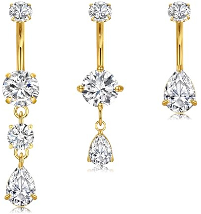 MODRSA Piercing Ombelico 14G Acciaio Inossidabile Piercing Ombelico Oro Pendente con CZ Diamantato, Barra Banana 10MM per Donne