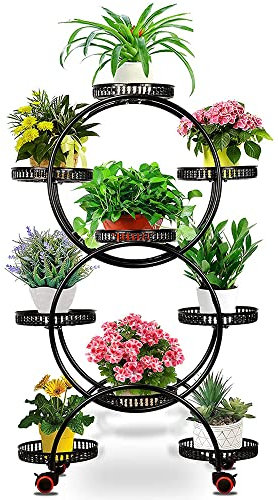 Portafiori Scaffali da giardino for fiori da giardino in metallo con 6 ripiani e 9 vasi, for esterni, in ferro battuto, 9 vassoi, supporto for piante in metallo, vaso da fiori nero Mensola per piante