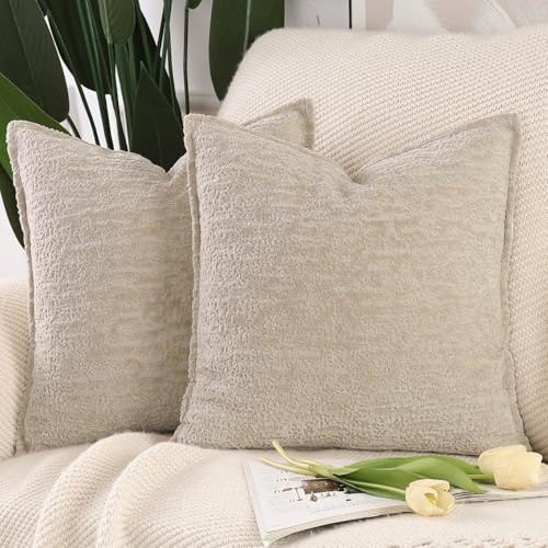 Madizz 2er Set Chenille Samt Kissenbezüge mit Rand Dekorativ Weiche neutrale Wurfkissen für Sofa Boho Akzent Zierkissenbezüge für Schlafzimmer Wohnzimmer Helltaupe 40x40 cm