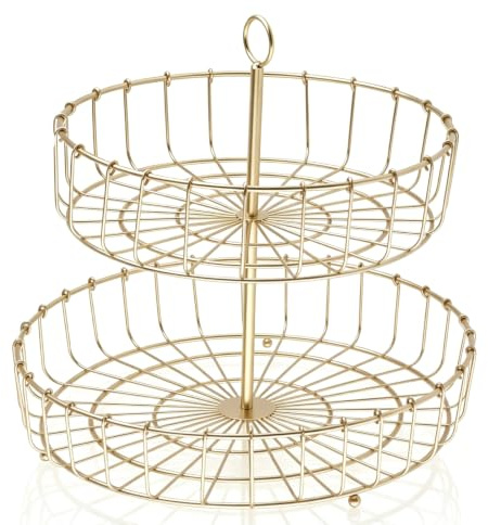 Tomedny 2 Tier Fruit Basket, Round Golden 2 Tier Countertop Metal Vegetable Holder Household Snack Storage Tray for Fruits Veggies Snacks