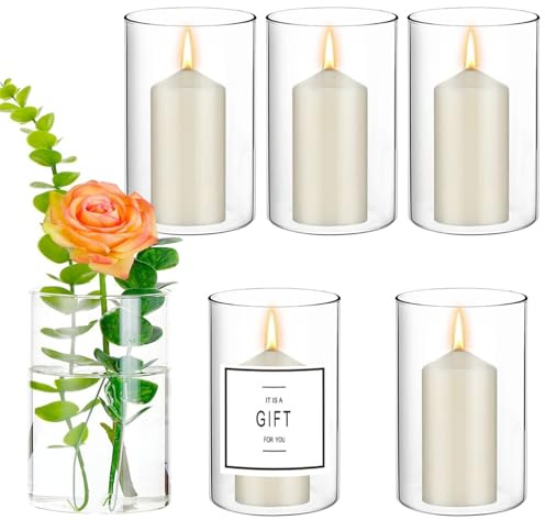 6 Stück Glasvase 10 × 8.5cm - Glasvase Zylinder mit 6 Sticker Hinzufügen, Glaszylinder für Kerzen Glas, Multifunktionale Vase Glas für Tischdeko für Kerzen Blumen Kieselsteine Dekor und Aromatherapie
