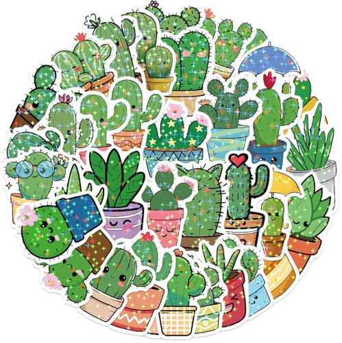 50PCS Holographic Cactus Stickers for Guitar,Notebook,Scrapbook,Water Bottle,Luggage,Laptop,Bumper,Helmet,Aesthetic Plant Cute Waterproof Vinyl Sticker,Adults Teens Decal,Cartoon Graffiti Decals