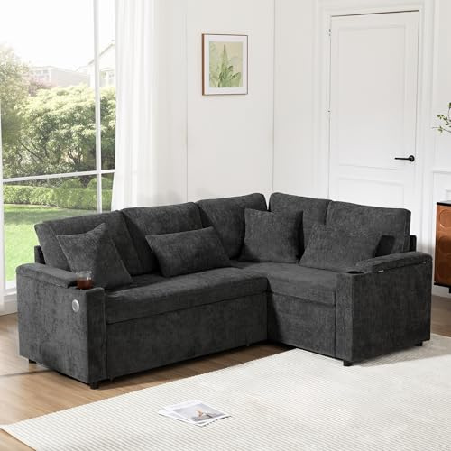 Merax Modernes L-förmiges Ecksofa mit Schlaffunktion, Stauraum & USB – 4-Sitzer Ausziehsofa mit Getränkehaltern für Wohnzimmer & Heimkino