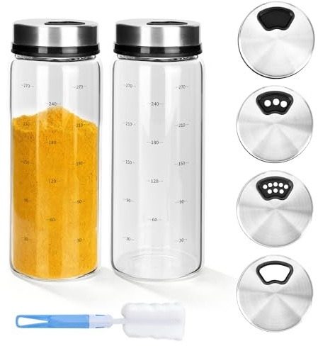 Axincardarm 2 Pcs 300ml Salt Pepper Shaker Clear Seasoning Shaker with Adjustable Pour Holes, Salt Pepper Shaker with Sponge Brush for Seasoning Kitchen Picnic