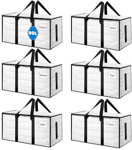 6 bolsas de almacenamiento grandes transparentes de 90 L, con cremallera y asas, para almacenamiento y transporte de ropa, ropa de cama, mudanzas
