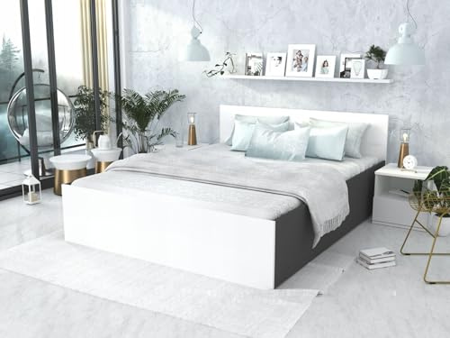 roe furniture Doppelbett 180x200cm, Stauraumbett mit Bettkasten & Birkenholz Lattenrost, Robustes Bett mit Kopfteil, Bettgestell aus Schichtstoffplatte, ohne Matratze, Weiß/Grau