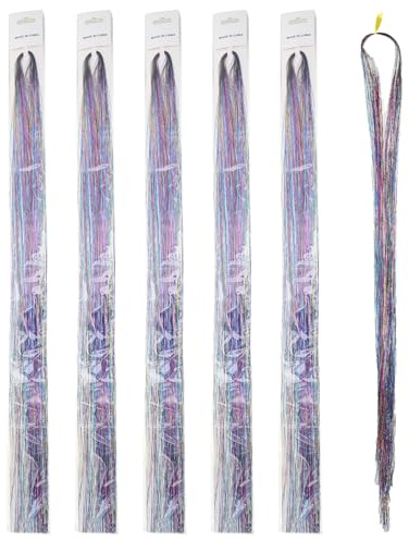 Toyvian 750Pcs 5 Packs Silver Holographic Glitter Hair Tinsel Extensions Made of PET Filament, Easy to Use and Safe for Your Hair, for Bar and Night Club Parties