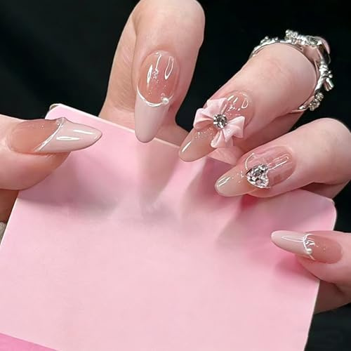 French Tip False Nails - 24pcs Almond Press on Nails - Natural Simple Style - Acrylic Nails Glossy Nude with Pink Bow Designs for Women Girls Daily Wear (Nude,Pink Bow)