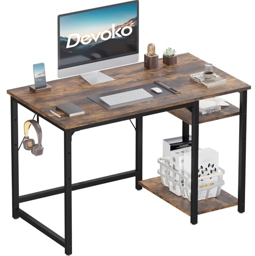 Devoko Scrivania Per Computer Industriale 100 x 50 cm Marrone | 2 Ripiani Regolabili Sinistra/Destra in Acciaio, Tavolo da Lavoro Mobile per Ufficio Casa Stile Vintage, Tavola in Legno