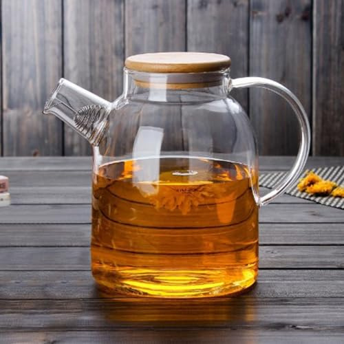 Rengue 2,0 L Glaskrug mit Bambusdeckel, Kühlschrankkrug aus Borosilikatglas, Wasserkrug, Kühlschrankkrug mit Schneebesenfilter für Kaltgebrühten Eistee, Saft, Limonade