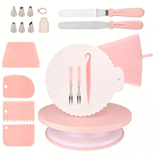 Tortenplatte Drehbar 20 tlg. Drehteller Torte & Torten Drehplatte Familien | Tortendrehscheibe Rosa, Backset Tortenzubehörset mit Tortenständer, Cake Board, Tortenspachtel, Spritzbeuteln