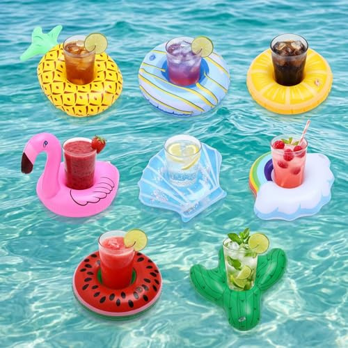 8-teiliges Set aufblasbare Getränkehalter, schwimmender Getränkehalter für den Pool mit Flamingo und Obst Motiven für Strand und Wasserfreizeit