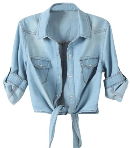 Beskuren jeansjacka knyt fram knut upprullning halvärm Chambray cardigan fritid trendig för kvinnor, b, M