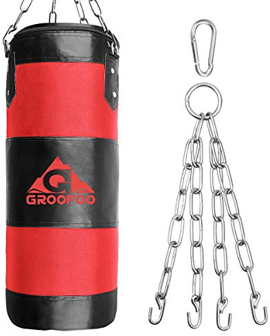 GROOFOO Boxningssäck, kraftig boxningssäck i oxford för barn och vuxna, ofylld påse med monteringskedja för boxningsträning, MMA, muay thai, röd, 100 x 33 cm