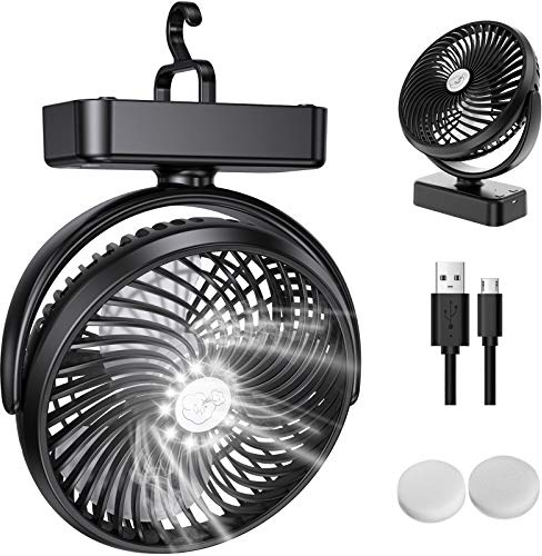 ZEBRE Ventilatore Portatile USB,Ventilatore A Mano Tavolo Con Luce a LED,Rotazione 360°,Gancio,Ventilatore Da Tavolo Silenzioso Con Da Campeggio Esterno Automatico Ventilatore Scrivania Piccolo