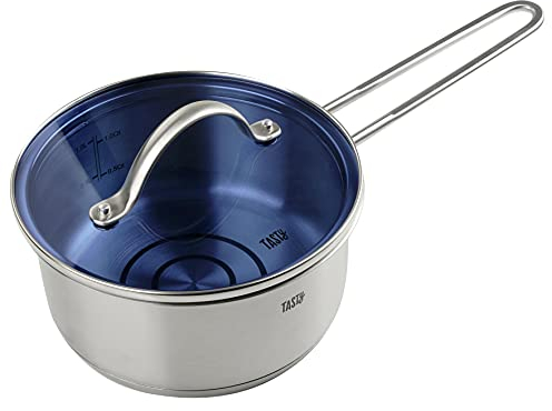 Tasty Saucepan with Glass Lid, Non-Stick Saucepan with Oil-Dosing System and Measuring Scale, Saucier with Lid, for All Cookers incl. Induction, Colour: Blue and Grey, Dimensions: Ø 16 x 9.5 cm