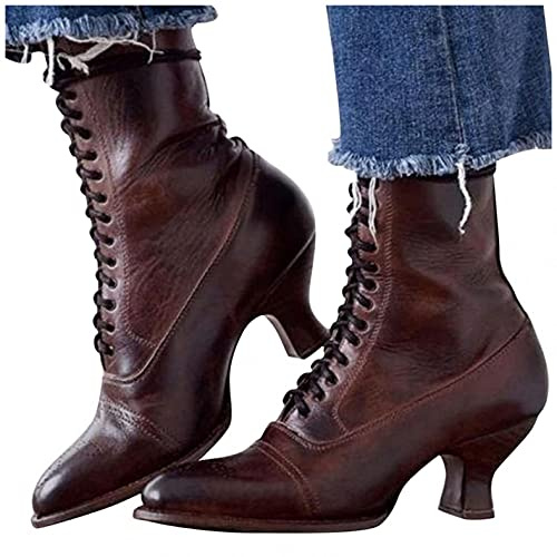 Hbeylia Mid Calf Combat Boots For Women Fashion Vintage Leather Lace Up Pointed Toe Kitten High Heels Motorcycle Riding Short Boots Roman Goth Dress Ankle Booties For Ladies Halloween Decoration Dress