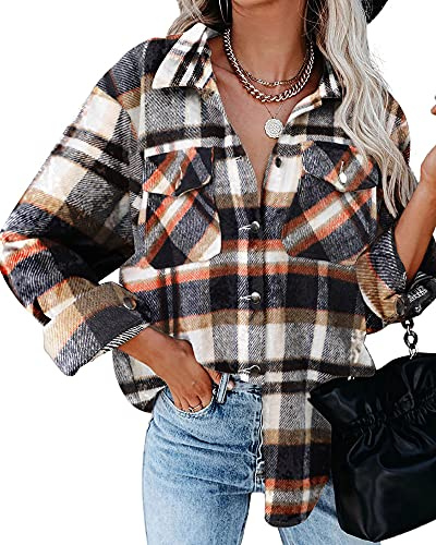 HVEPUO Damskjortjacka rutig shacket långärmad skjorta blus rock flanelljacka, A-orange, XXL