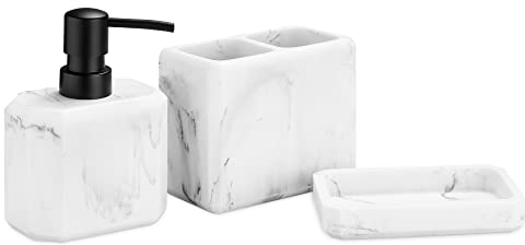 Navaris Badezimmer Set 3-teilig Marmoroptik - dekoratives Badzubehör mit Zahnputzbecher, Seifenspender & Seifenschale - Bad Accessoires Marmor Optik