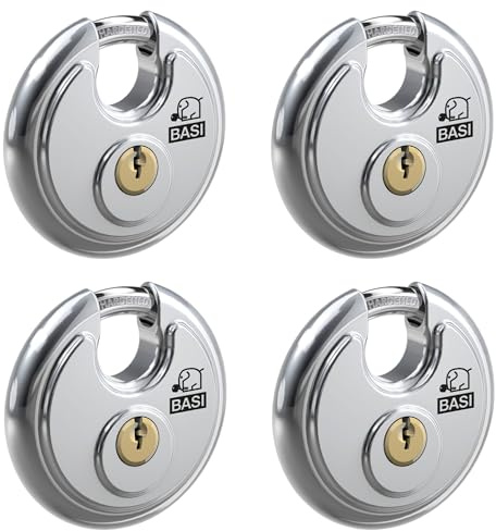 BASI | Rundbügelschloss 4er Set | massiver Edelstahlkorpus | gleichschließend | Kneifschutz | gehärteter Stahlbügel | sicheres Vorhängeschloss | Bügelstärke 9,5 mm | 4 Stück