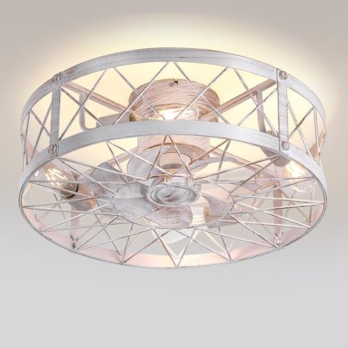 REDSTAR Retro-White Small Ceiling-Fan with Light Remote Control, Low Profile Ceiling Fan with Light, Ceiling Fans with Lights Flush Mount, Caged-Ceiling Fan with Light