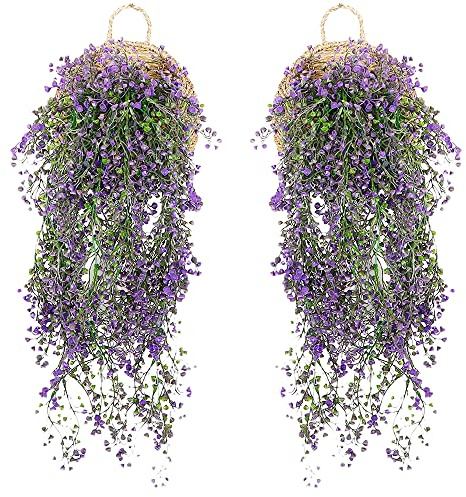 Kalsey 2 Stück Künstliche Blumen an der Wand, Hängende Blumen, Terrasse Künstliche Blumen, Kunstblumen für den Außenbereich, 85cm Künstliche Hängepflanzen für Haus, Garten, Hochzeit(Lila)