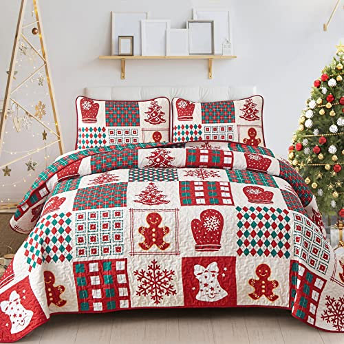 WONGS BEDDING Couvre-lit 220 x 240 cm - Couvre-lit de Noël - Patchwork rouge - Double face - Flocon de neige - Couverture de Noël pour chambre à coucher - Avec 2 taies d'oreiller - 50 x 75 cm