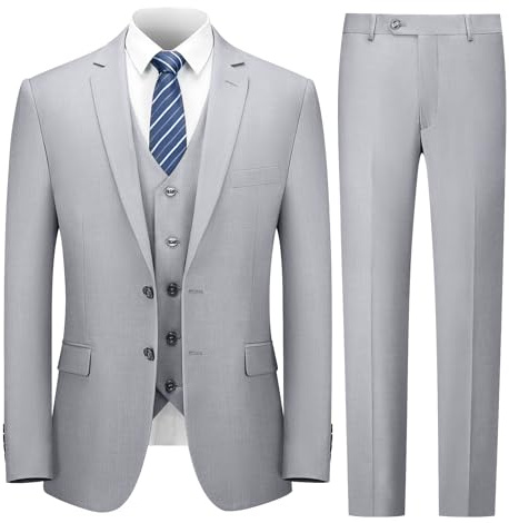 Cooper & Nelson 3 Piece Grey Mens Suit Set 2 Button Slim Fit Suits for Men Business Wedding Party Tuxedo Jacket Vest Pants and Tie, Light Grey L