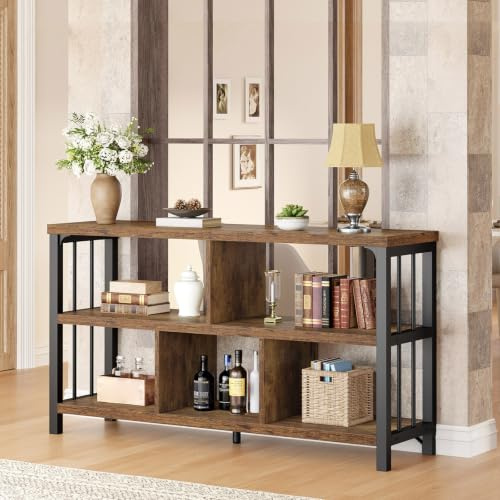 IBF Farmhouse - Scaffale a 3 ripiani, in legno e metallo, 5 cubi, moderna libreria orizzontale bassa per camera da letto, soggiorno, libreria cubby da ufficio con contenitore, marrone rustico, 120 cm