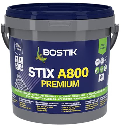 Bostik STIX A800 PREMIUM 6 kg – Colle Acrylique Ultra Haute Performance pour Revêtements de Sols Souples (LVT, PVC, Caoutchouc, Moquettes) – Tack Puissant – Usage Intense Sol & Mur