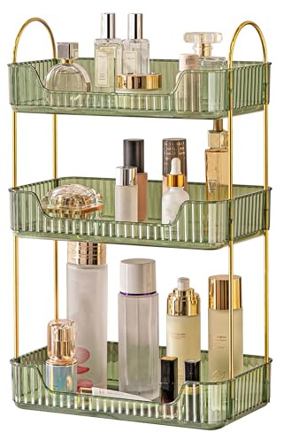 Bathroom Organiser Countertop, Vanity Trays for Bathroom, Skincare Makeup Organiser Shelf, Vanity Organiser, Bathroom Counter Shelf for Cosmetics, Toiletries, Lotions, Perfumes (3 Tiers, Green)