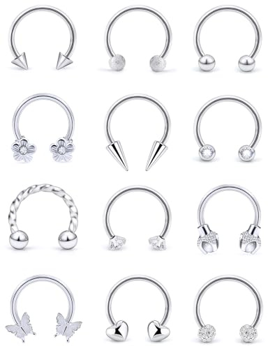 Lcolyoli Septum Rings 16G Surgical Steel Septum Jewelry Smiley Piercing Jewelry Daith Rook Earrings for Women Men Horseshoe Hoop Earring CZ Heart Butterfly Nose Rings 10mm