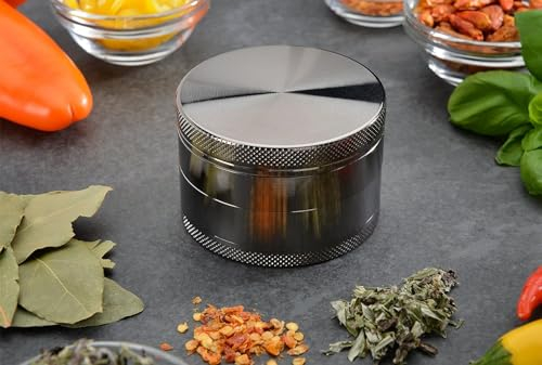 Four Piece Premium Zinc Alloy Silver Herb Grinder - Higher Quality, Portable with Mesh Screen Pollen Scraper and Magnetic Top Cover - 2.1 Inches (50 mm)