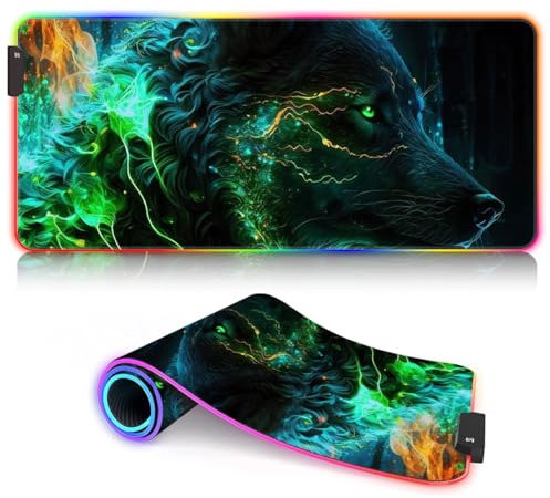 BUBELS Tapis de Souris de Jeu étendu LED RGB personnalisé, imperméable, antidérapant, avec 14 Modes d'éclairage pour Ordinateur PC, Clavier RGB, Souris Loup 39,9 x 89,9 cm