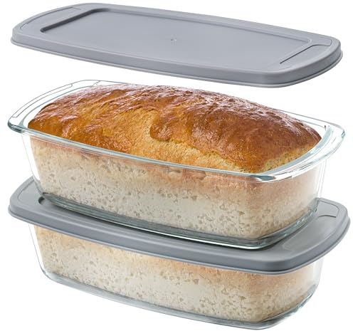 Winter Shore Pirofila Vetro 1,8 l (2 Pezzi) - Teglia per Pane in Cassetta Grande Antiaderente con Coperchio e Manici - Microonde, Forno, Congelatore, Lavastoviglie, Senza BPA - Stampo Pane in Cassetta