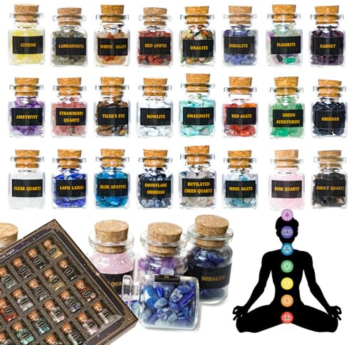 BeauFairy 24 Stück Kristalle Wunschflaschen, Heilkristall Trommelsteine Sammlungssatz, Edelsteinsplitter Flaschen Set, Adventskalender Steine für Reiki, Heilung, Meditation