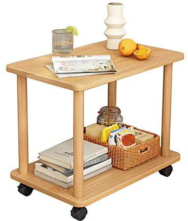 UDIYO End Table, 2 Tiers Wooden Side Table, 360 Degree Swivel Side Table on Wheels, Easy Assembly Solid Wood Sofa Small Coffee Tea Table (Wooden Color)