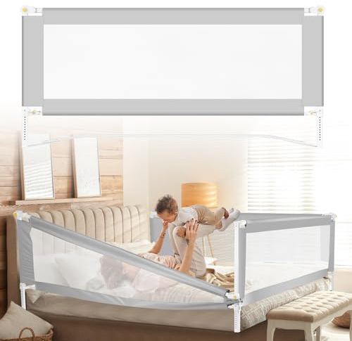 Tubiaz 180cm Bettgitter Rausfallschutz, Klappbare Bettschutzgitter mit U-förmige Füße, Kinderbettgitter Höhenverstellbar 68-95cm, Babybettgitter mit Luftiges Netz, Leicht zu Montierende-Grau