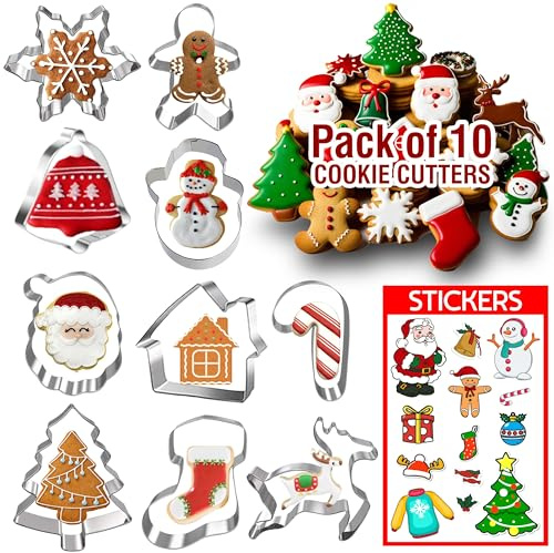 10 Pcs Large Christmas Cookie Cutters Stainless Steel, Holiday Cookie Cutters Christmas set Include Tree Skirt, Ginger Man, Snowman, Reindeer, Snowflake, Santa Head, Candy Stick, Stocking, Bell, Home.