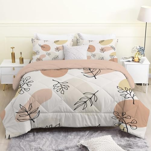 Linfye Bettdecke 240x220 cm, Beige Pflanze Bettdecke 220x240 4 Jahreszeiten, Moderner Druck Steppdecke Waschbar Bettdecken, Vierjahreszeiten Schlafdecke Ganzjahresdecke mit 2 Kissenbezug 80x80cm