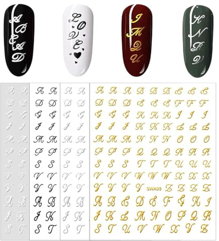 MIRKUZI 4 Blätter 3D Alphabets Nagelsticker Selbstklebend Buchstaben Aufkleber Nagelfolie Letters Nail Art Stickers Nägel Zubehör (Silber, Weiß, Gold, Schwarz)