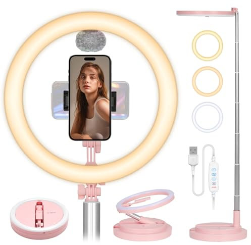 TARION Luce per Selfie Ring Light con Supporto: 12 Luce ad Anello LED con 3 Modalità di Illuminazione e 10 Livelli di Luminosità per Selfie, Foto, Videoconferenze, Trucco, Streaming Live Y3(Rosa)