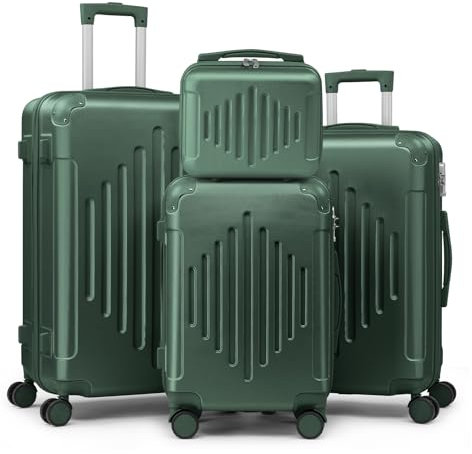LEADZM Kofferset 4 teilig, Reisekoffer Set mit Kosmetikkoffer & verstärkten Ecken, Koffer Set Hartschalen-Trolley aus ABS mit Teleskopgriff, Handgepäck (Dunkelgrün)