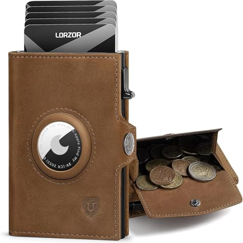 LORZOR AirTag Wallet mit XXL münzfach für 10+ Münzen, Slim Wallet AirTag, Geldbörse Herren Echtleder Portemonnaie, AirTag Portmonee Herren Geldbeutel, Kartenetui RFID schutz, Smart Wallet, Brieftasche