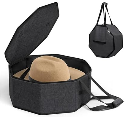 Hutschachtel Achteck mit Deckel, 43 x 18 cm, Hut Aufbewahrungsbox mit Stabiler Griff, Faltbare Reise Hutbox für 4-5 Caps, Stapelbar Hut Organizer Box für Männer und Frauen, Tragbarer Hutschachteln