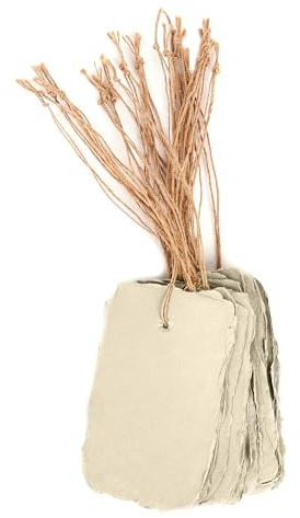 TRISKY Handmade Paper Deckled Edge Tags with String Attached Ideal for Gift Tag, Gift Card, Price Tags, Place Cards, Birthday Party Christmas for Crafts (Beige, 3.5 x 2”, Pack of 25, 150 GSM)