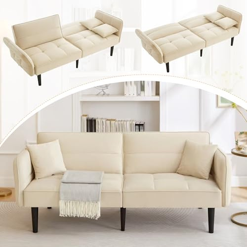 Zravenna 2-in-1 Verstellbares Polster Schlafsofa,mit Samtbezug, klappbaren Armlehnen & Schlaffunktion, Doppelsitz,Schwamm (Beige)